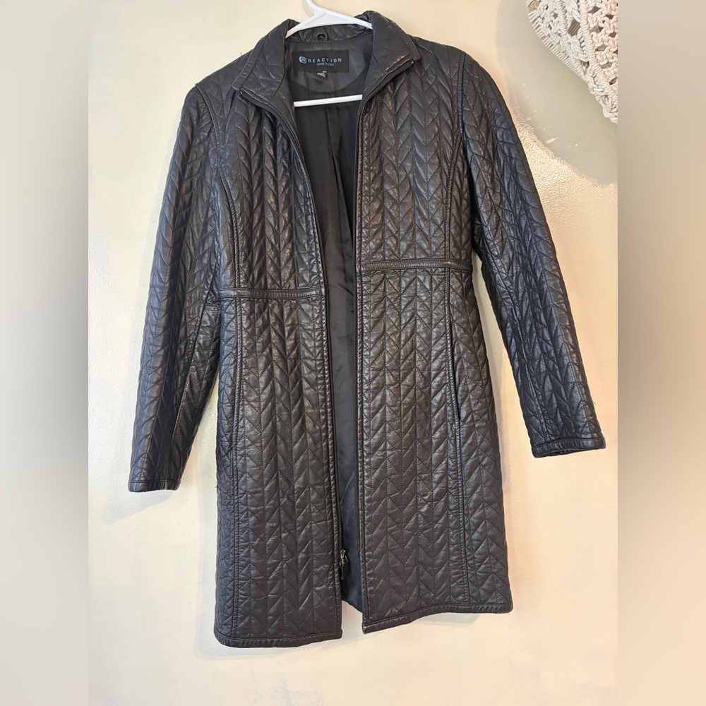 Reaction genuine leather quilted long lined coat XS bikercore rockabilly